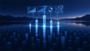 Lago oscuro con columnas de datos sumergidas de las que solo unas pocas emergen iluminadas hacia un panel flotante, metáfora de cómo Direct Lake carga en memoria solo las columnas necesarias