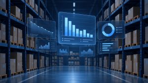 Almacén de retail con paneles de datos flotantes que muestran la evolución del stock, ilustrando el análisis de inventario en Power BI