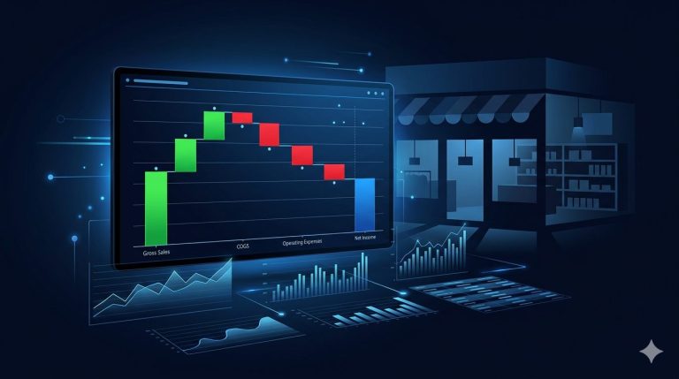 Gráfico waterfall en Power BI que descompone el gap de ventas frente al budget en retail