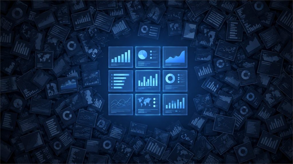 Vista cenital de cientos de informes desordenados y apagados que rodean una cuadrícula de nueve paneles alineados e iluminados, metáfora de la limpieza de informes sin uso en Power BI
