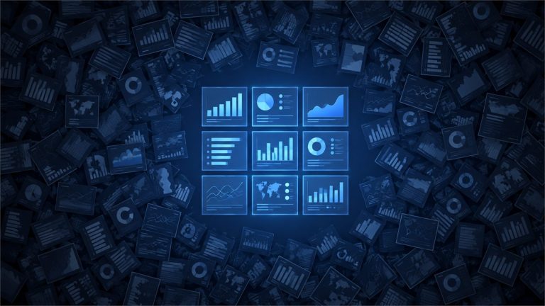Vista cenital de cientos de informes desordenados y apagados que rodean una cuadrícula de nueve paneles alineados e iluminados, metáfora de la limpieza de informes sin uso en Power BI