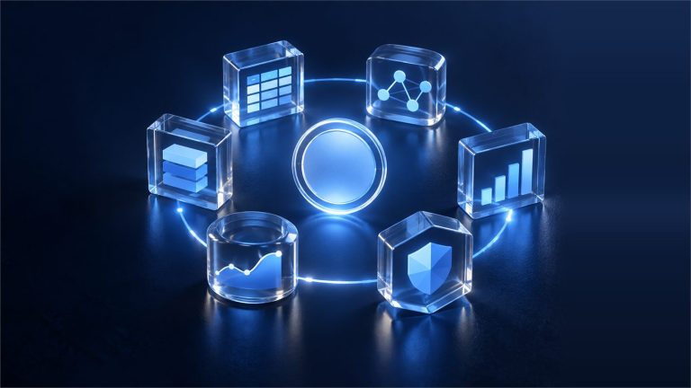 Seis bloques de cristal iluminados en círculo alrededor de un sello luminoso, unidos por un anillo de luz que se cierra, metáfora de la renovación anual de la certificación PL-300 de Power BI